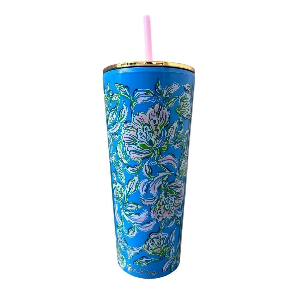 Lilly Pulitzer Tumbler with Straw Cumulus Blue Chick Magnet Gold Lid Cup Plastic